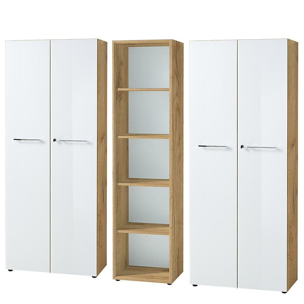 BÜRO-SET MUENCHEN 3-teilig | 240cm breit Glasfront | 2 Schrank Abschließbar & Regal | Chalet-Eiche-Nb./Weiß - Weiß, Holzwerkstoff/Metall (240/196/37cm) - KADIMA DESIGN