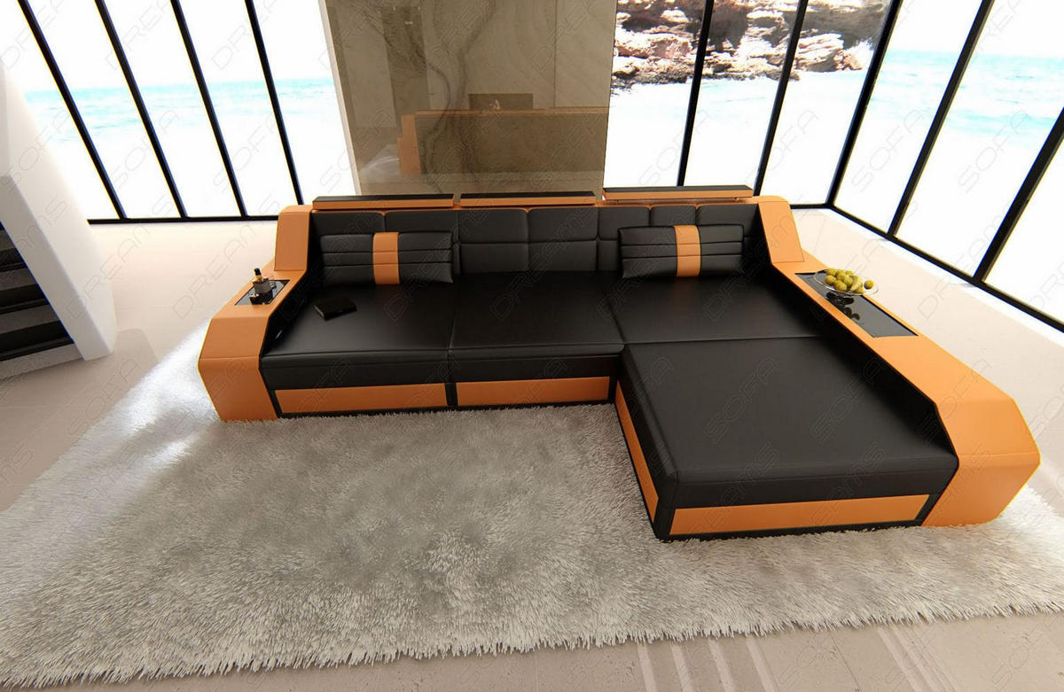 COUCH Arezzo L Schwarz Orange Ledermix - Schwarz, Textil (308/194cm)