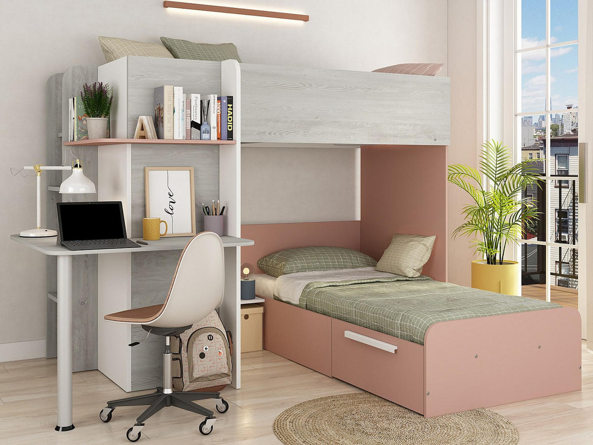 ETAGENBETT - 2 Personen - holz - hellgrau, puderrosa Samuel - Hellrosa/Hellgrau, Holz (90/190cm) - Vente-Unique