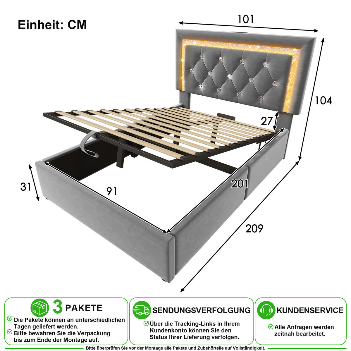 ČALOUNĚNÁ POSTEL 90/200 cm v šedé barvě s úložným prostorem, LED, USB a Type-C ze sametu - šedá, kov/kompozitní dřevo (90/200cm) - CHICFURN
