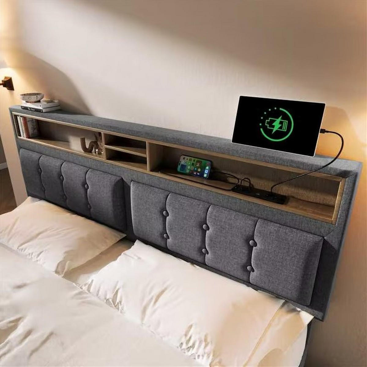 BETT mit 4 Schubladen & USB-C 140x200 cm Leinen Grau - Grau, Metall (140/200cm) - Meubliv
