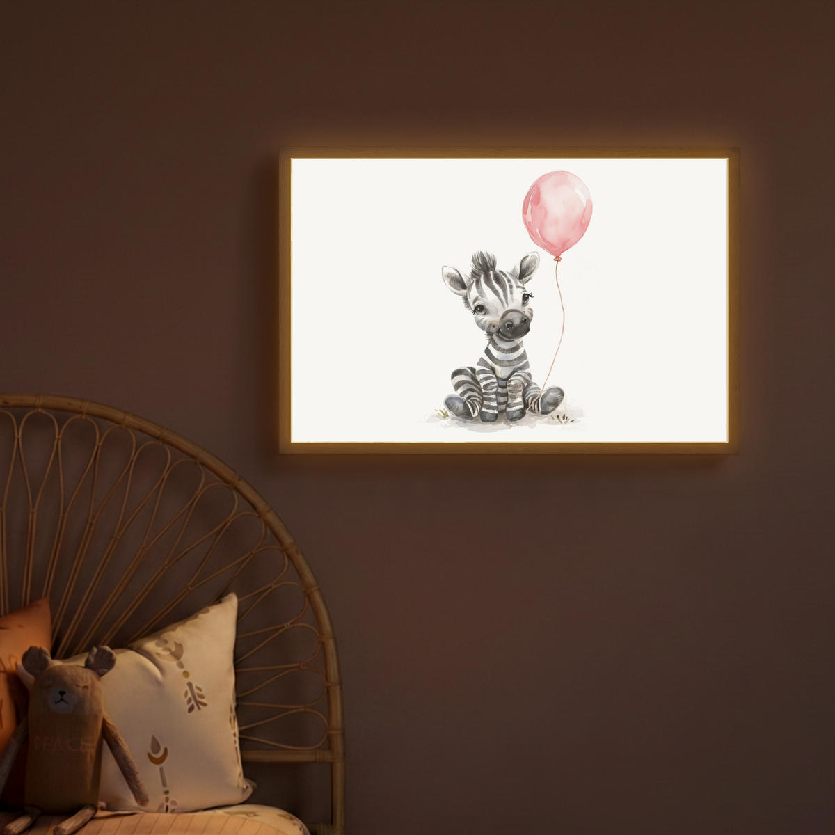 WANDLEUCHTE MIT AKKU Zebra - Baby - Tiere - Rosa Luftballon 60x40 cm - Weiß, Holzwerkstoff (60/40/8cm) - OnlyWow