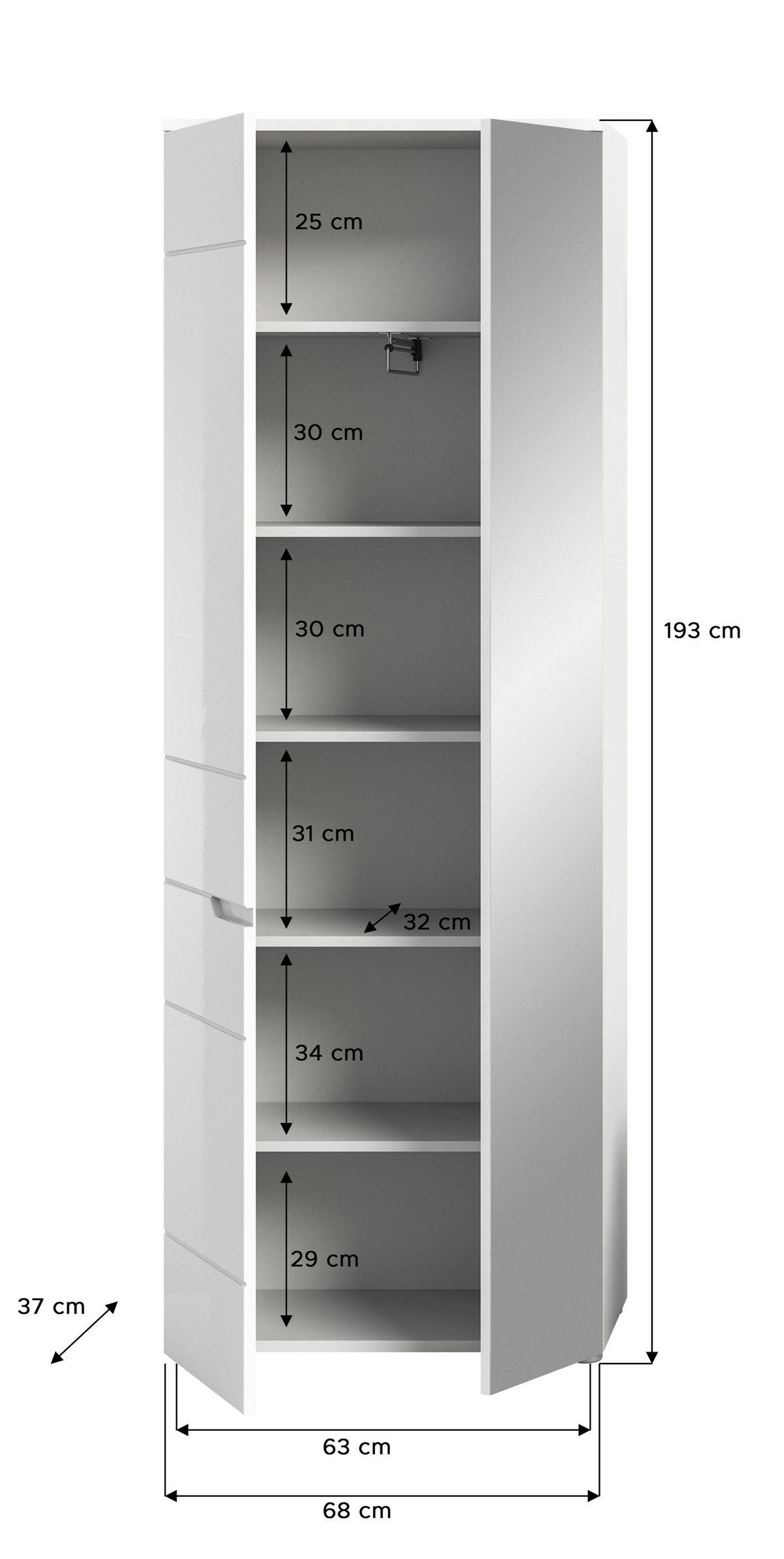 GARDEROBENSCHRANK SOLERO (B/H/T: ca. 68/193/37 cm) in Weiß/weiß hochglanz - Weiß, Holzwerkstoff (68/193/37cm)