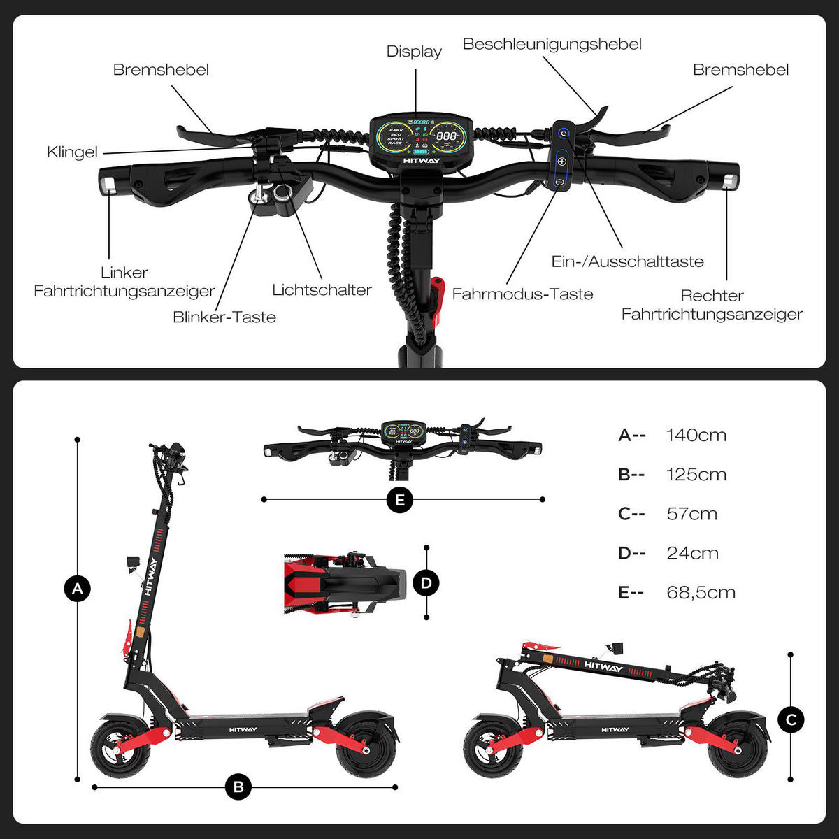 E-SCOOTER H10 ABE 20,8Ah Max 90km - Schwarz, Metall (68/140/125cm) - HITWAY