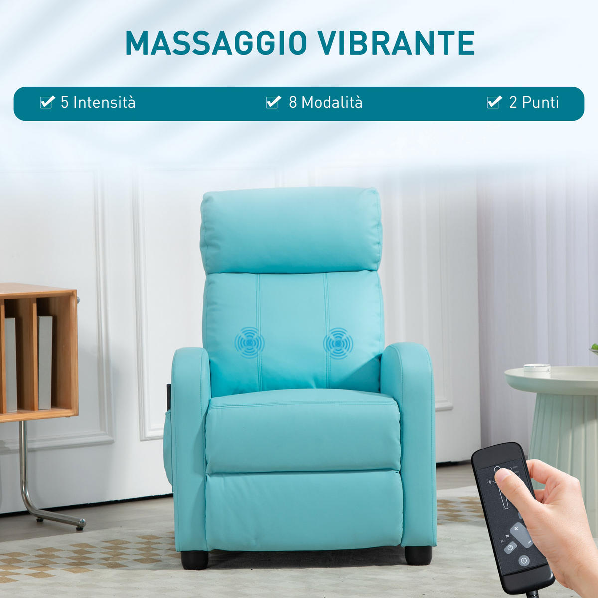MASSAGESESSEL,8 Programme Fernbedienung Liegefunktion Fußstütze,blau - Blau, Leder (88/98/68cm) - Vallsero