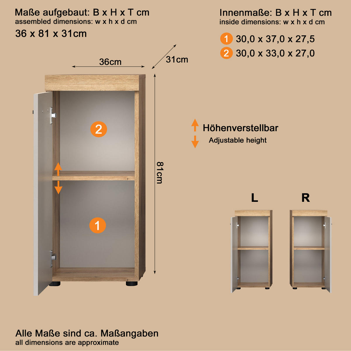 KOMMODE Kaschmir, Evoke Eiche 36 x 81 cm, Badschrank in modernem Design - Kaschmir/Eichefarben, Holzwerkstoff/Kunststoff (36/81/31cm) - Top.Furn