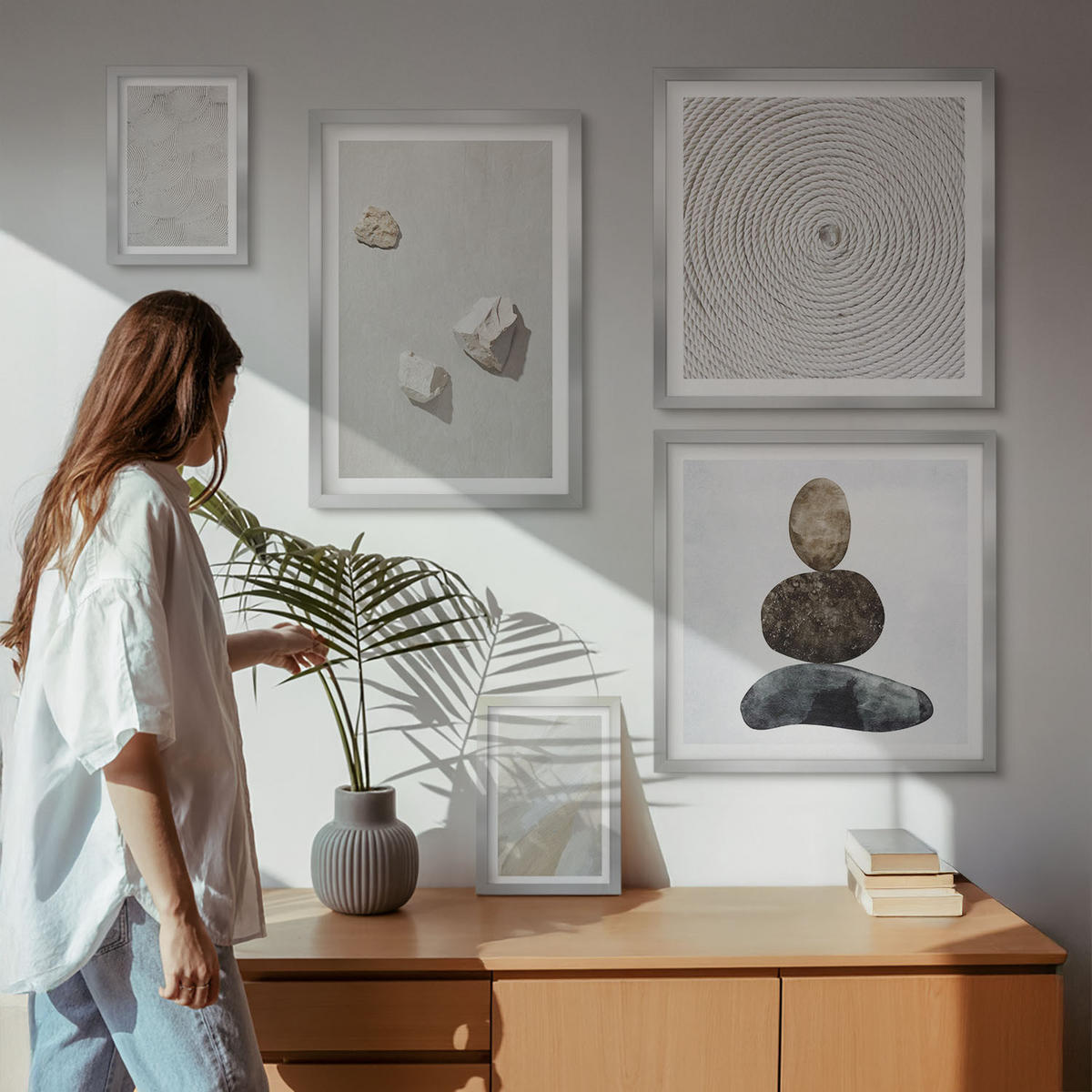 WANDBILDER 5er Set - 50x50 cm & 20x30 cm & 40x60 cm Silberner Rahmen - Sandsteine moderne Farbe - Silberfarben, Kunststoff (40/60cm) - ArtPrintCave