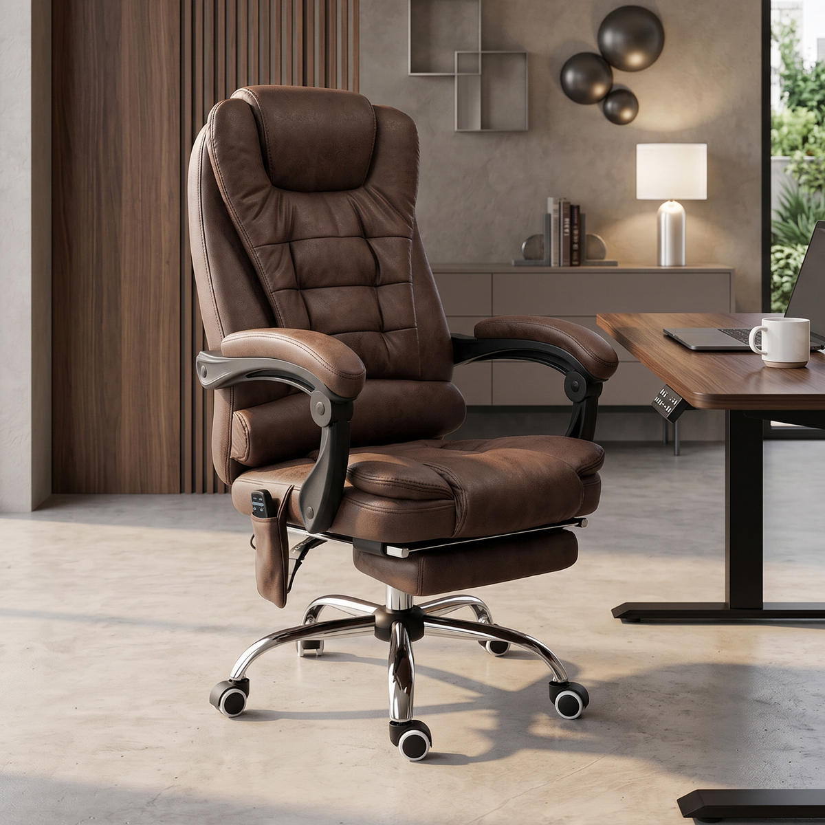 KŘESLO s masážní funkcí, ergonomická kancelářská židle s funkcí polohování - stříbrná/hnědá, kov/textil (70/119/65cm) - Vinsetto