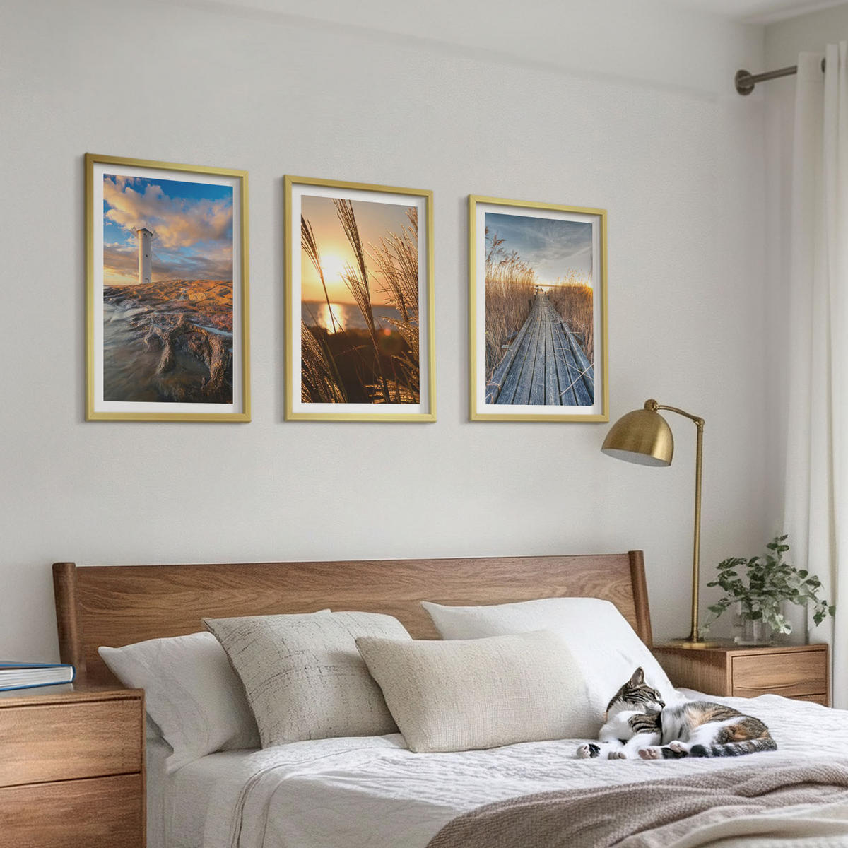 BILDER SET 3er Set - 40x60 cm Goldrahmen - Leuchtturm-Grassteg - Goldfarben, Kunststoff (40/60cm) - TULUP