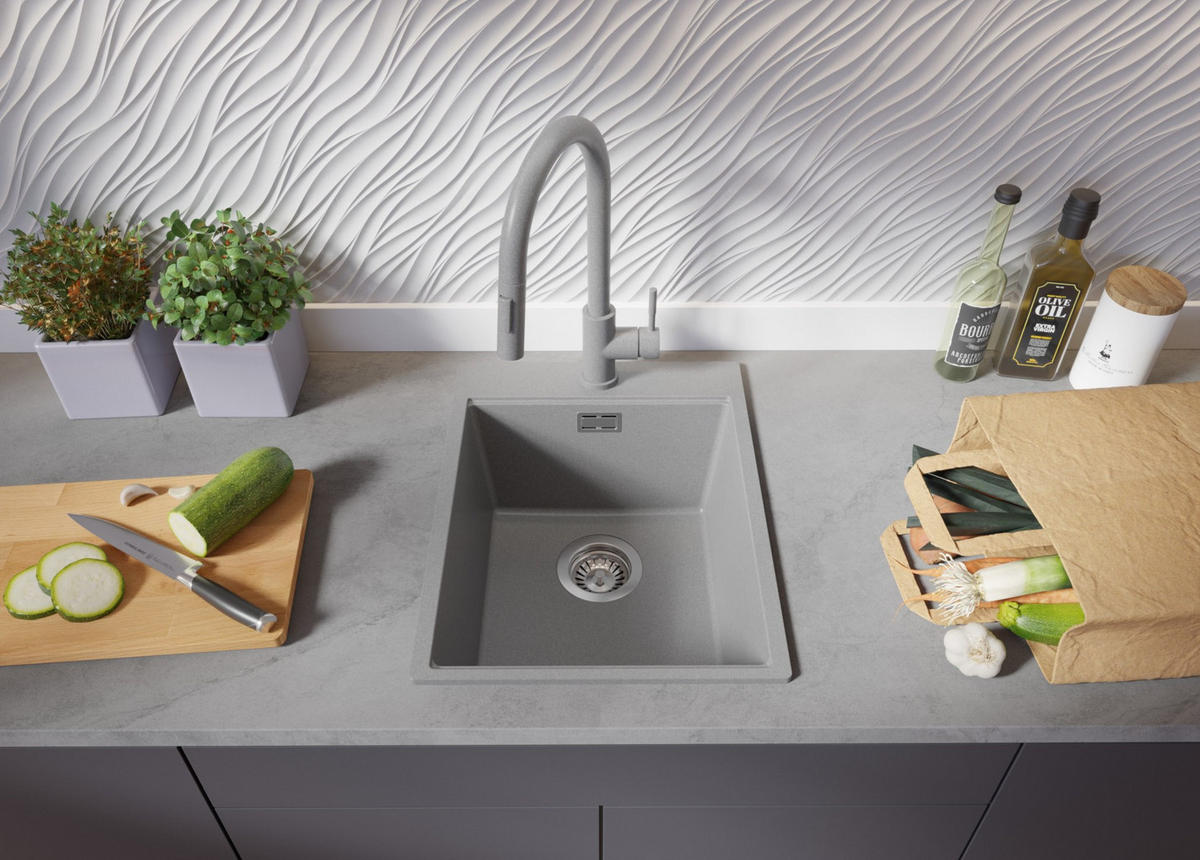 SPÜLBECKEN Oslo, 2-er set Grau 38/50 cm 1 Becken + Ablauf-Set + Schneidebrett ab 40er Unterschrank - Beige/Grau, Kunststoff (38/20/50cm) - Primagran