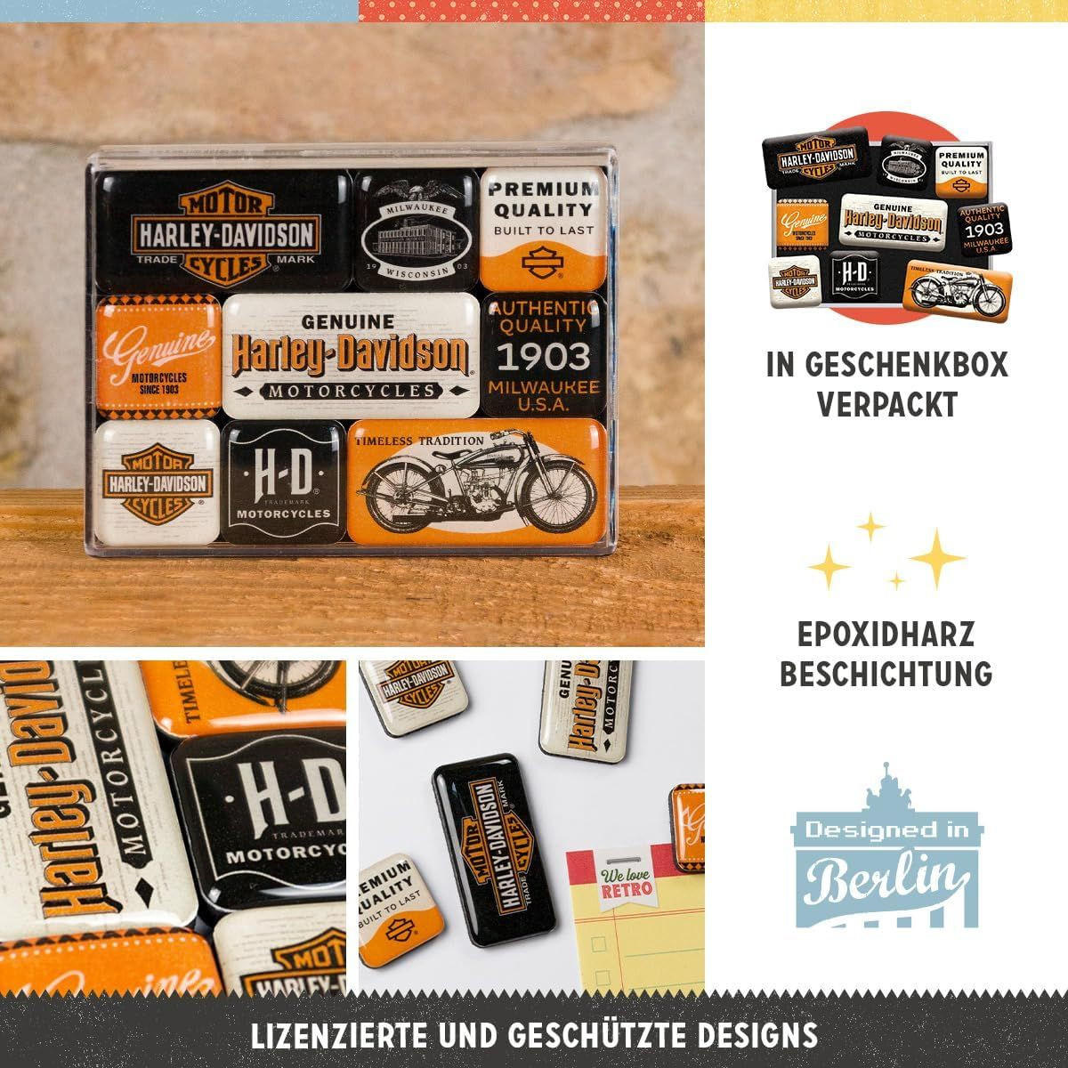 MAGNETSET 9-teilig Harley-Davidson Genuine Motorcycles Milwaukee - Multicolor, Metall (9/7/2cm) - Nostalgic-Art