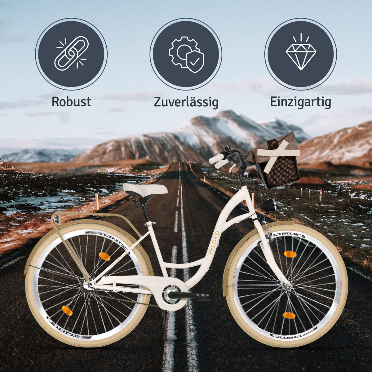 CITY-FAHRRAD Milord mit Metallkorb, 28 Zoll, Creme-Braun, 3-Gang - Creme/Braun, Metall (46cm) - Milordbikes