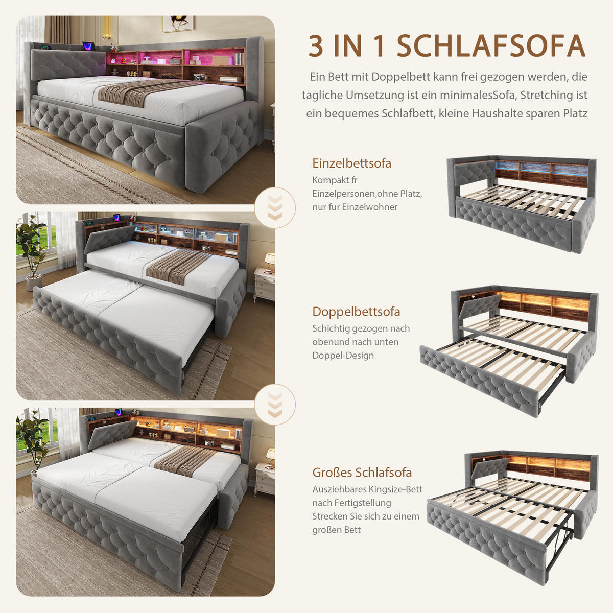 TAGESBETT Ausziehbar 90/180x190cm, Samt, LED/USB/Stauraum, Dunkelgrau - Dunkelgrau, Holz/Textil - LVHOM