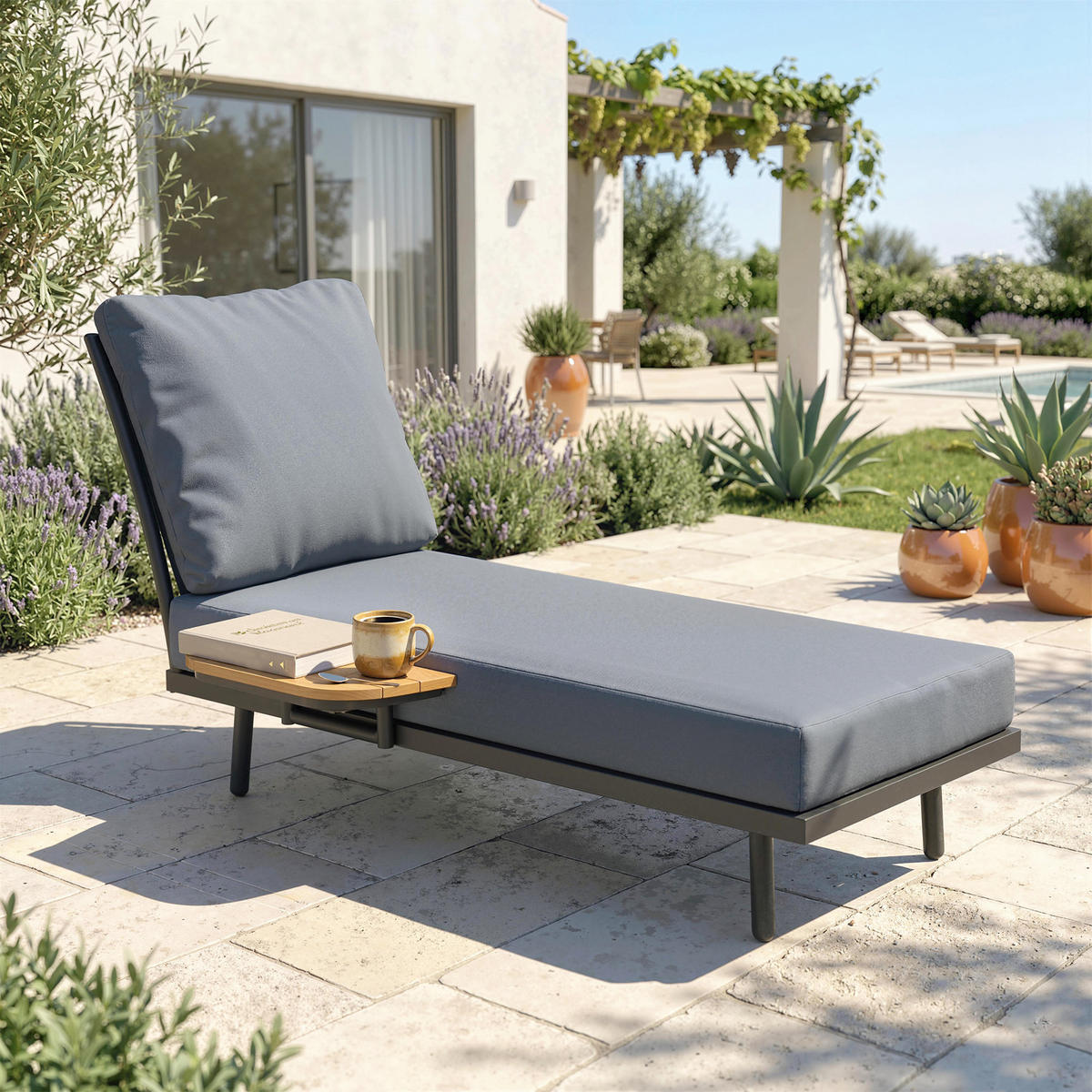 SONNENLIEGE DE-15703 mit Seitenablage Grau - Grau, Metall (137/75/58cm) - ComfortXL