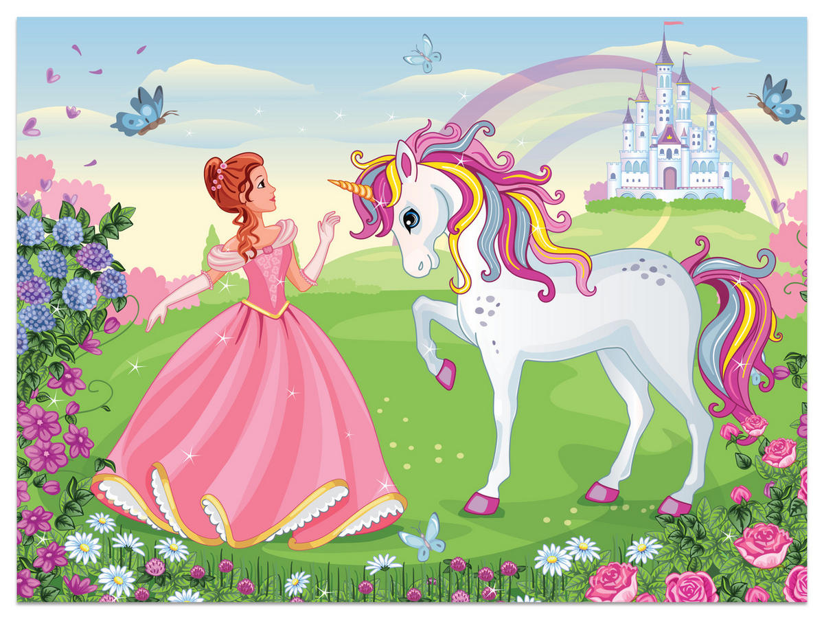 FOTOTAPETE für Kinderzimmer Prinzessin Einhorn Schloss Blumen 400x280 - Blau/Gelb, Papier (400/280cm) - Muralo