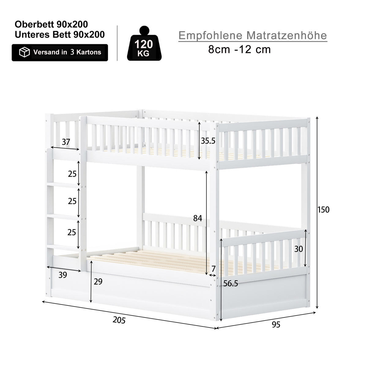 ETAGENBETT 90/200 cm weiß aus Kiefer mit hydraulischem Stauraum - Weiß, Holz (90/200cm) - OKWISH