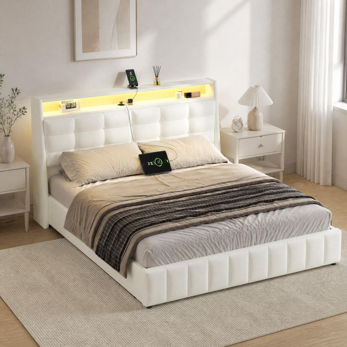 POLSTERBETT 160/200 mit Bettkasten, LED-Beleuchtung und USB in Weiß - Weiß, Holzwerkstoff/Textil (160/200cm) - EVRYAE