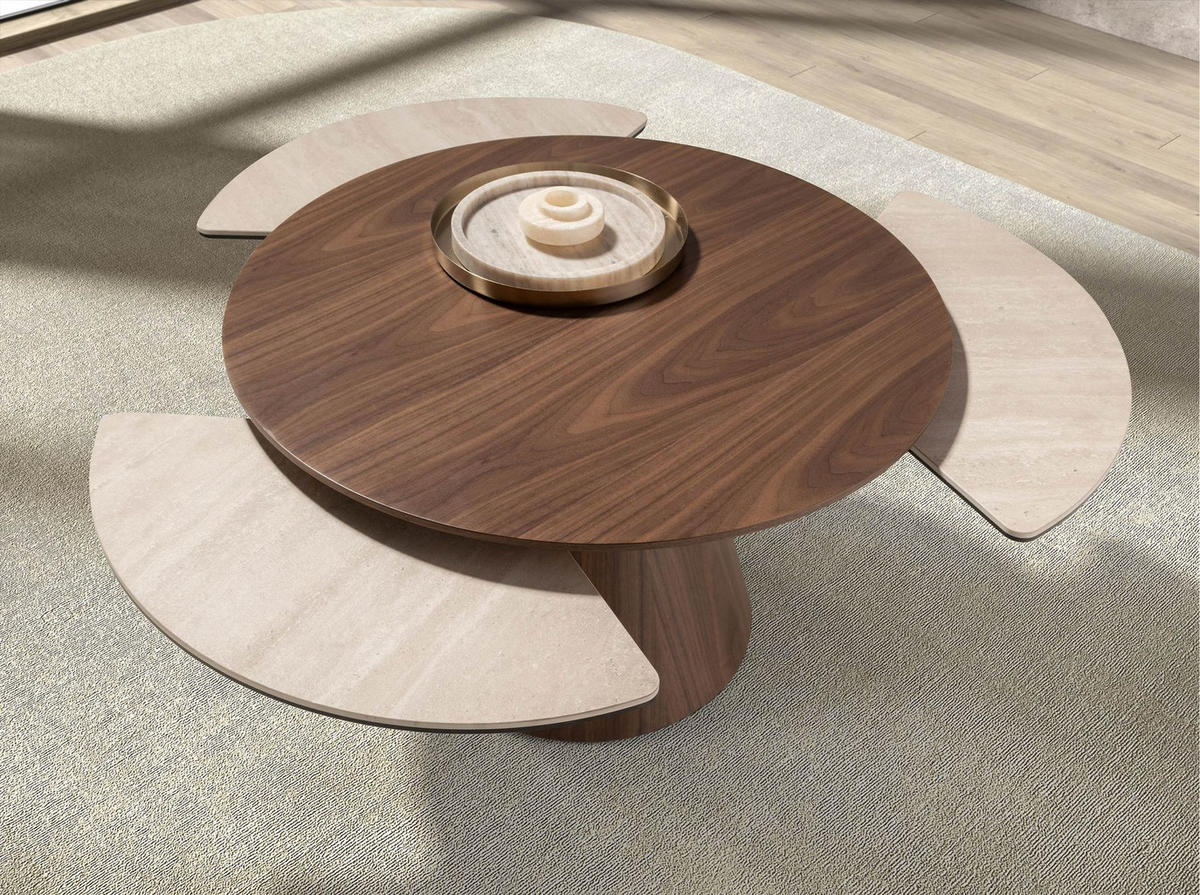 COUCHTISCH Ausziehbarer runder aus Nussbaumholz und Feinsteinzeug Ø80/43 cm - Sandfarben/Titanfarben, Holz/Keramik (80/80/43cm) - ANGEL CERDA