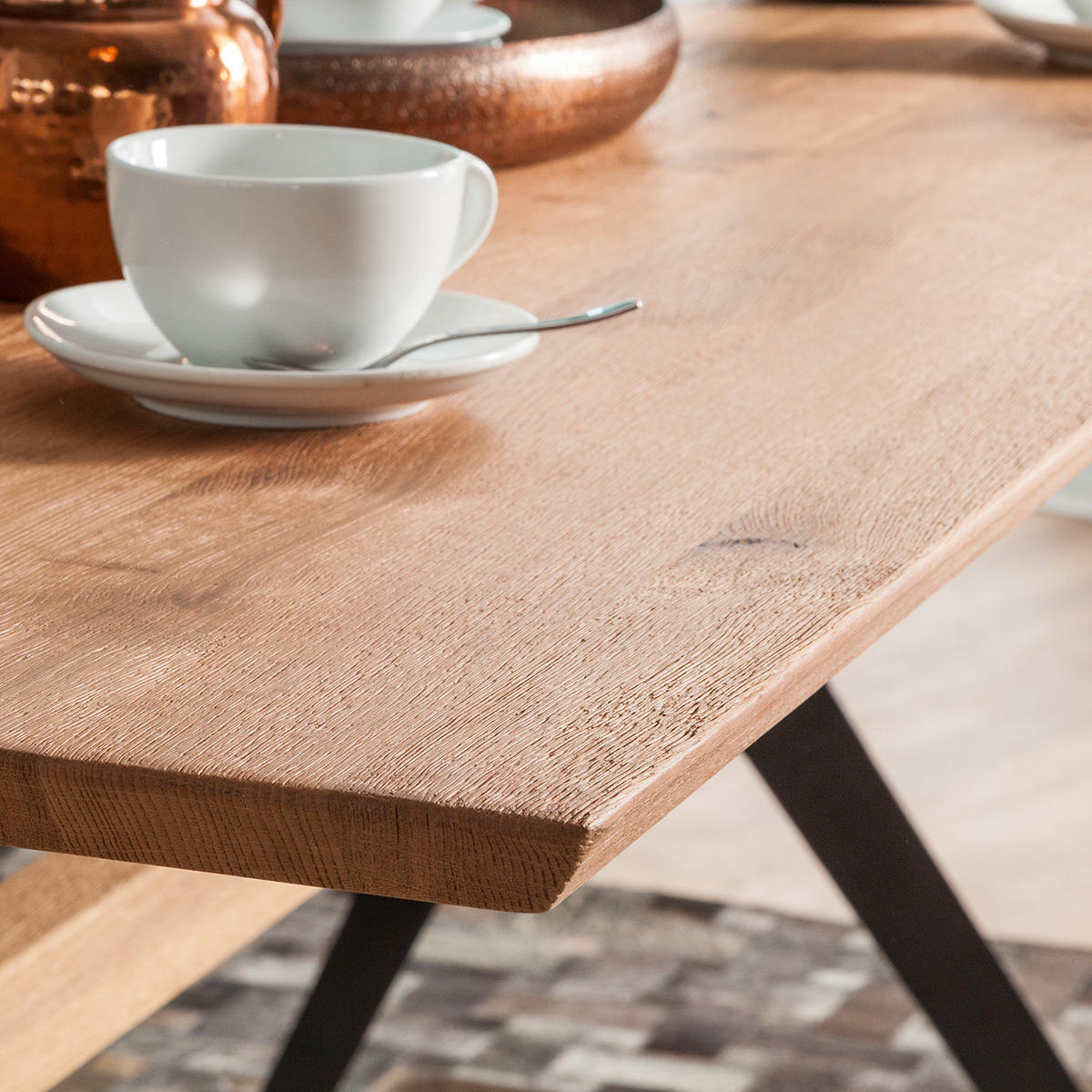 ESSTISCH - Zerreiche / Wildeiche massiv / Metall - Braun, Holz/Metall (90/180/76cm) - home24