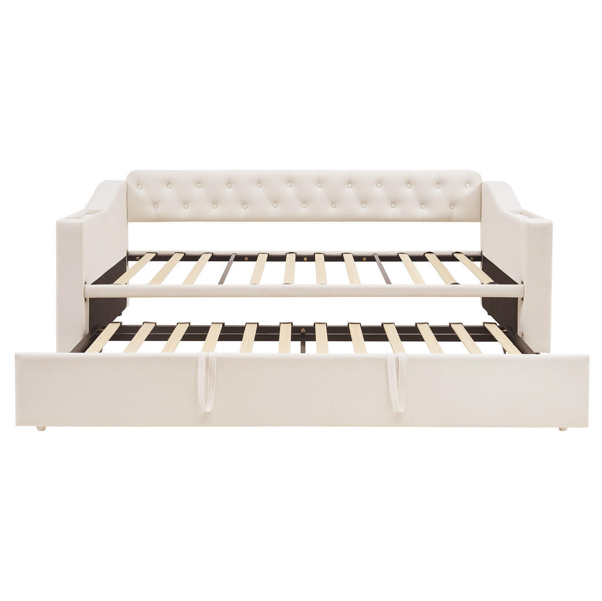 BETT aus Samtstoff 90x190/180x190 cm Beige mit USB- und Type-C-Anschluss, Stauraum und Auszugsfunktion - Beige, Textil (90/180cm) - Modfu