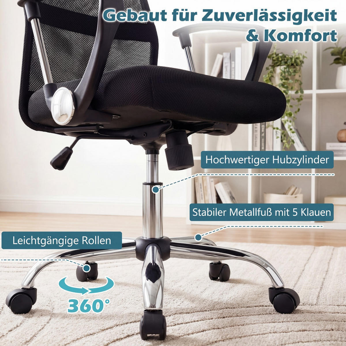BÜROSTUHL höhenverstellbar mit Wippfunktion schwarz - Schwarz, Metall (59/112/59.5cm) - COSTWAY