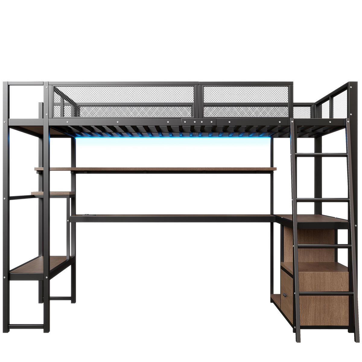 METALL-HOCHBETT aus MDF und Metall 140x200 cm Schwarz mit Arbeitsplatz, LED-Beleuchtung und Stauraum - Schwarz, Holzwerkstoff (140/200cm) - Modfu