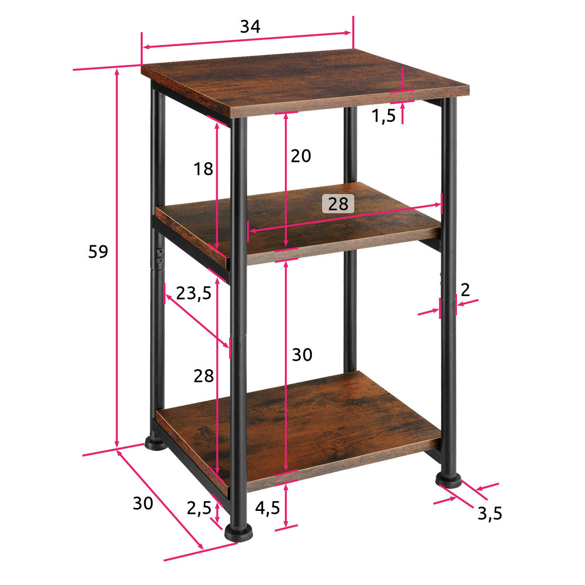 BEISTELLTISCH Memphis,34 x 30 x 59 cm,Industrial Holz dunkel, rustikal - Rostfarben, Holzwerkstoff (30/34/59cm) - tectake