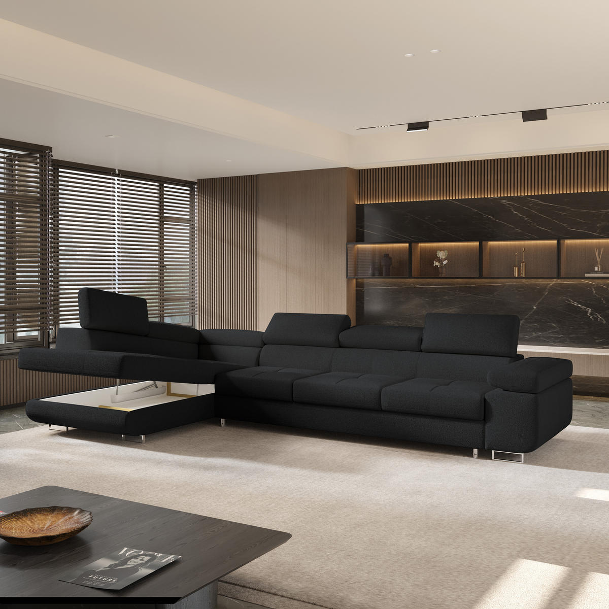 ECKSOFA VICENTE Schwarz Boucle-Stoff mit Schlaffunktion - Schwarz, Holz (346/202cm) - MASSENO