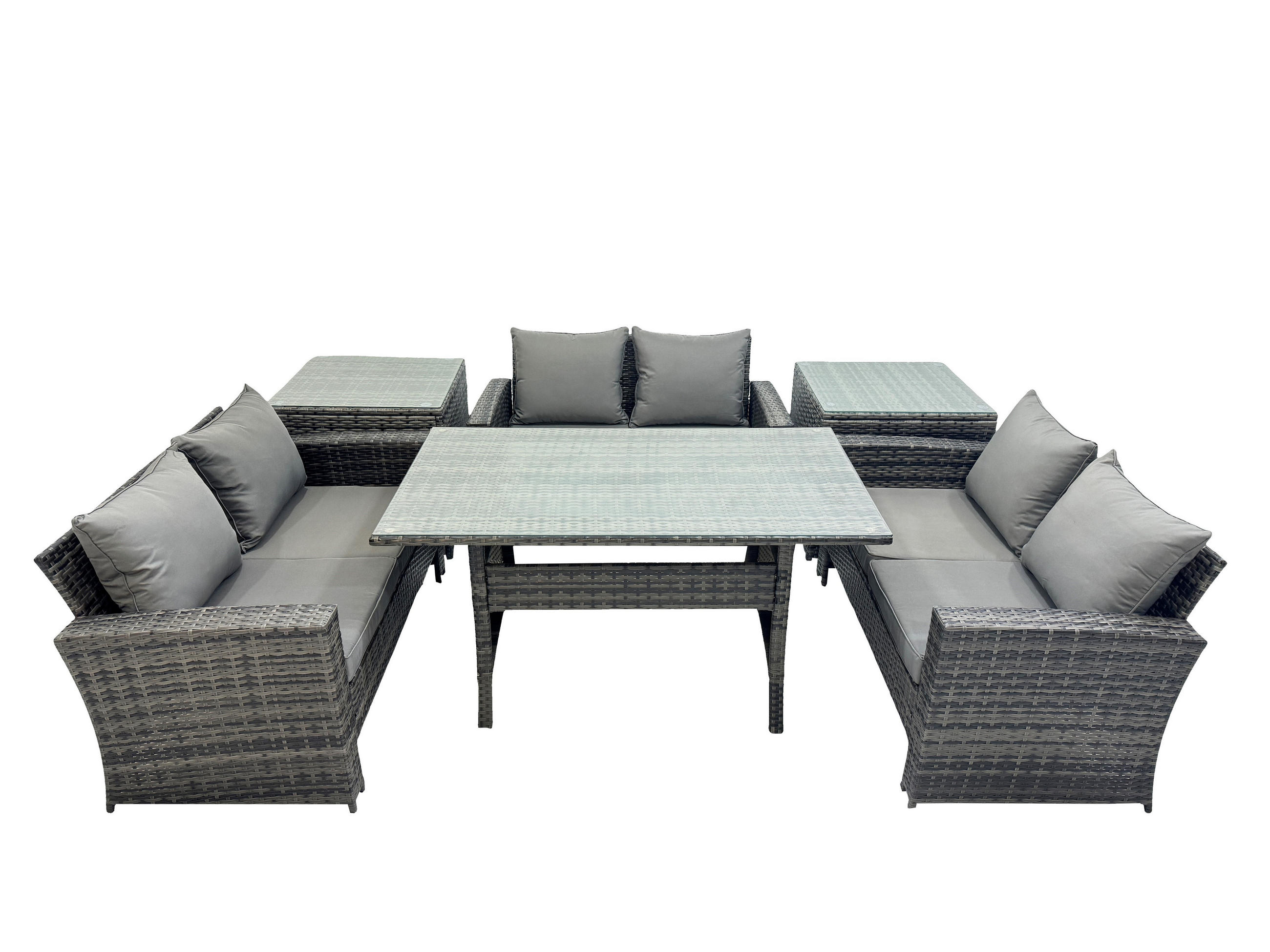 GARTENMÖBELSET mit Zweisitzer,Esstisch,2 Beistelltischen Polyrattan Dunkelgrau 6-Sitzer - Dunkelgrau/Grau, Glas/Kunststoff - Fimous