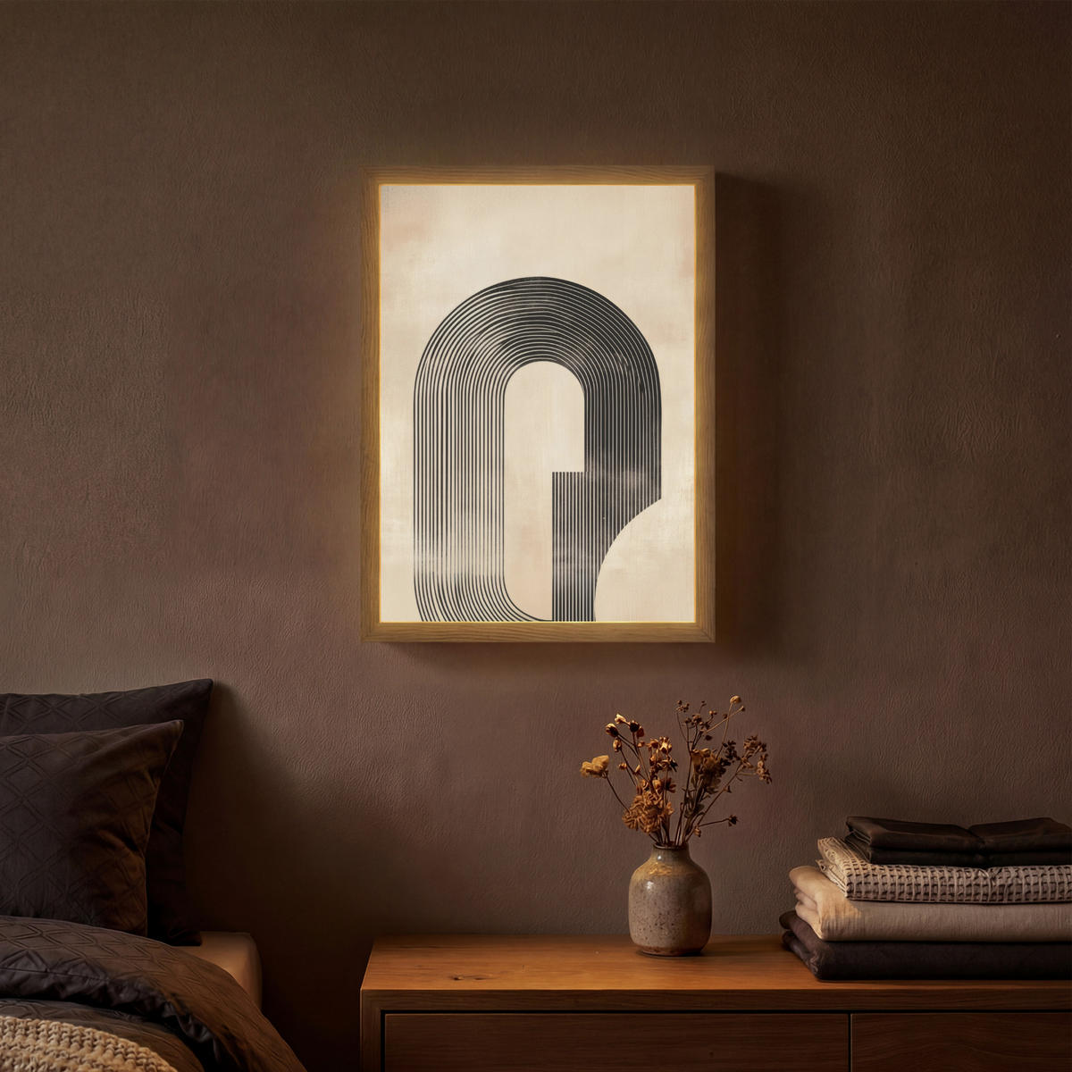 NÁSTĚNNÁ LAMPA S AKUMULÁTOREM Luk - Pruhy - Minimalistický - Černý 30x40 cm - béžová, kompozitní dřevo (30/40/8cm) - OnlyWow