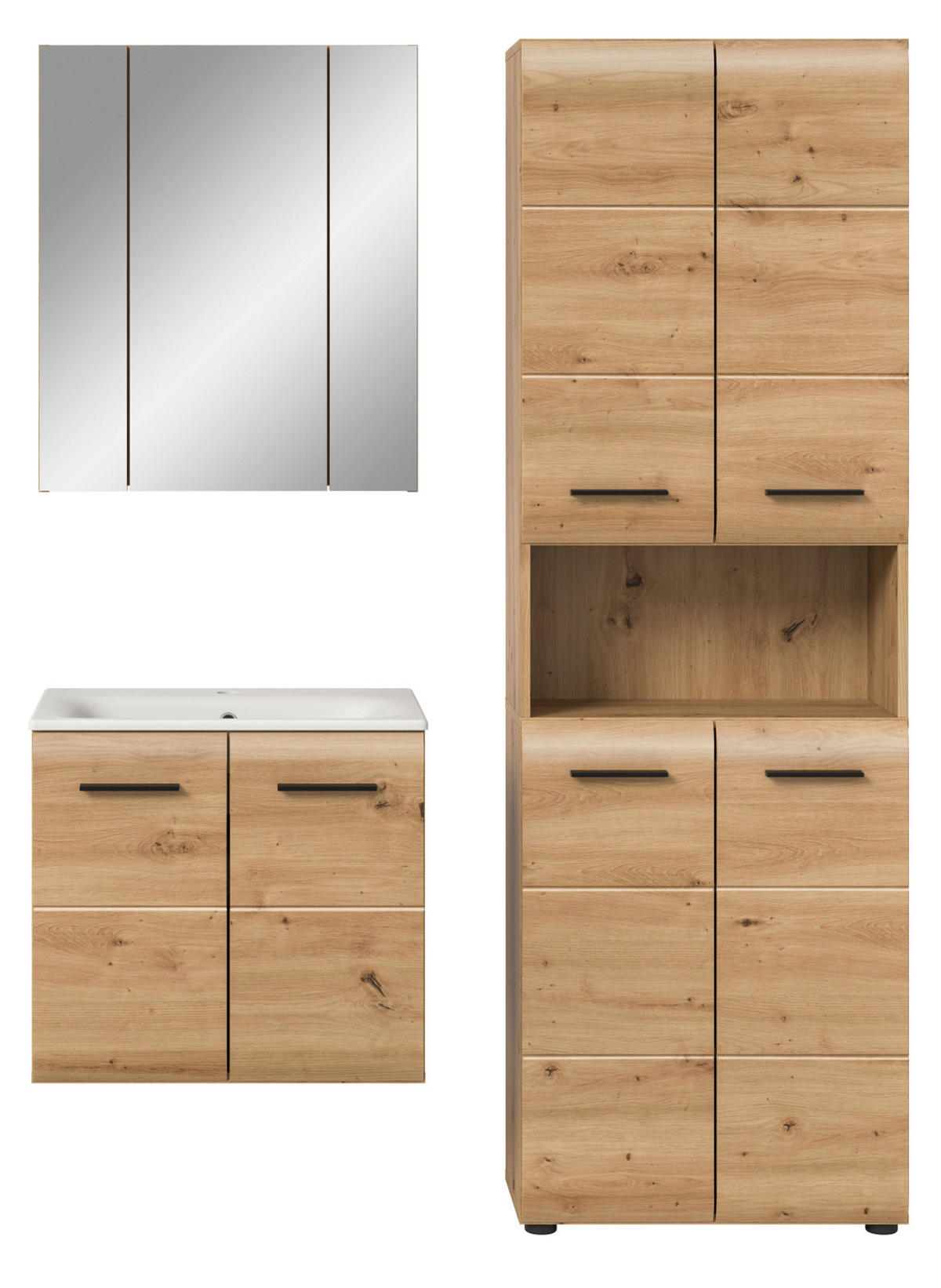 BADMÖBEL-SET Eiche Artisan 3-teilig, Badkombination 135 cm inklusive Waschbecken, Cover - Schwarz/Eiche Artisan, Glas/Keramik (135/185/46cm) - Inn.Furn