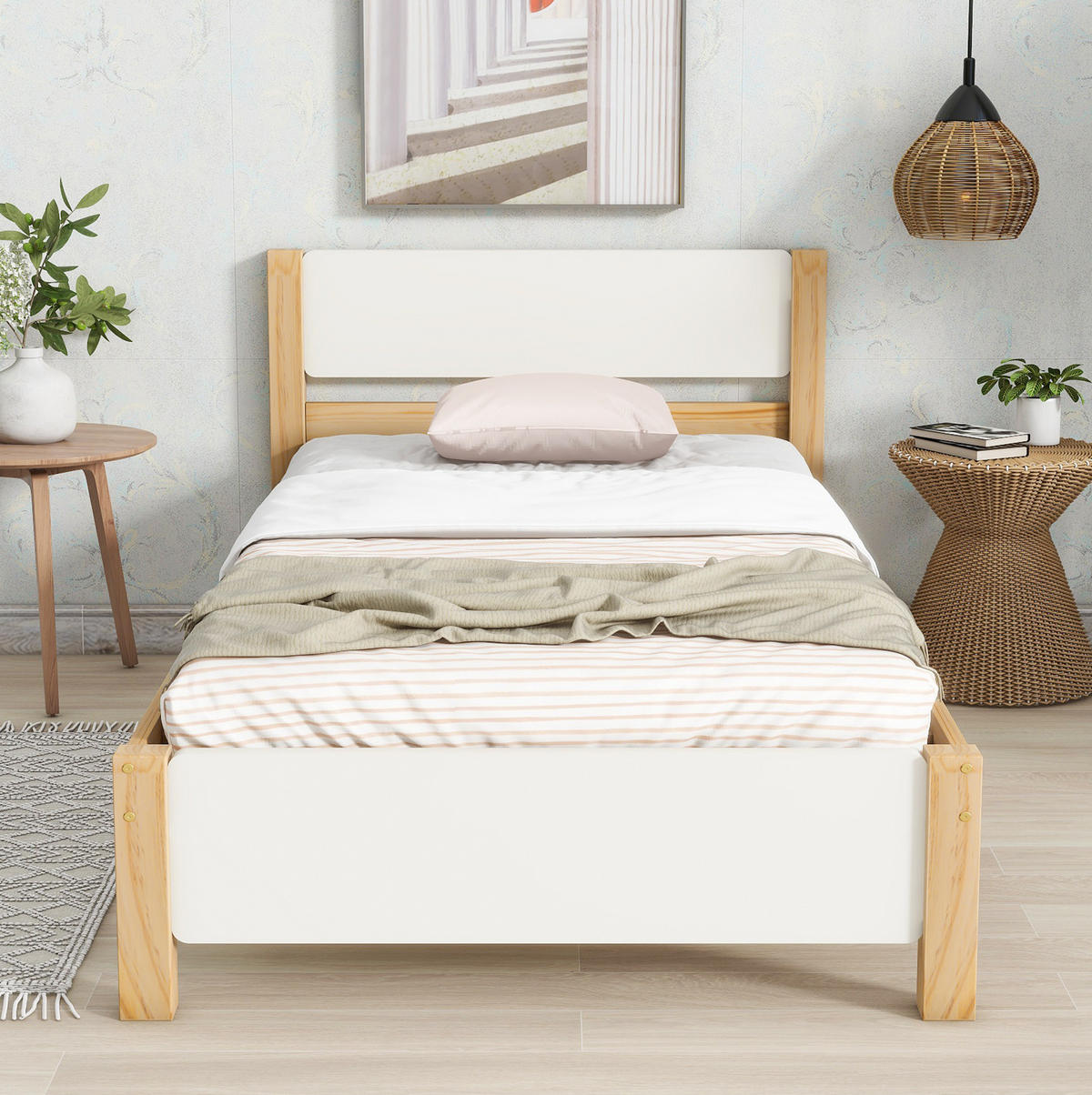 EINZELBETT aus Kiefer und MDF 90x200 cm Weiß/Natur mit Lattenrost und Mittelfüßen - Naturfarben, Holz (140/200cm) - IVMEU