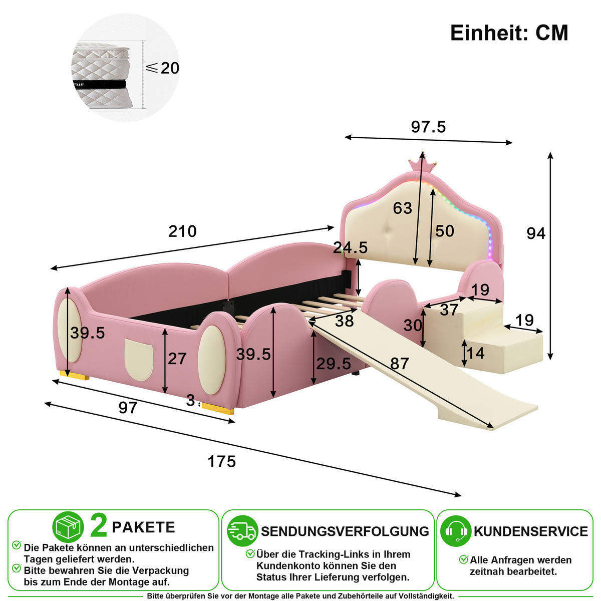KINDERBETT 90/200 cm in Rosa & Beige mit LED, Rutsche und Treppe - Beige/Rosa, Leder/Holzwerkstoff (90/200cm) - CHICFURN