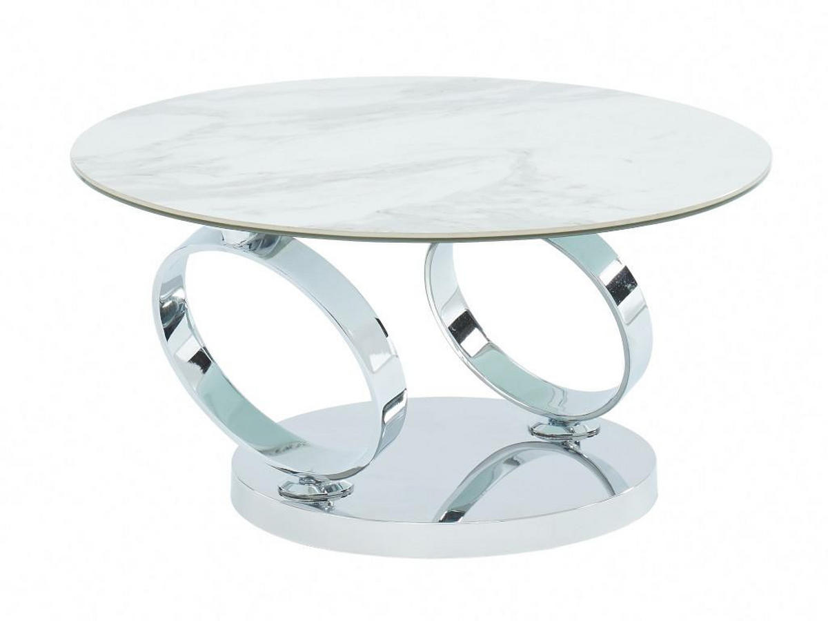 COUCHTISCH mit drehbaren Tischplatten - Keramik & Glas - Weiß mit Marmor-Effekt - JOLINE - Chromfarben, Stein (131.5/80/42cm) - Vente-Unique