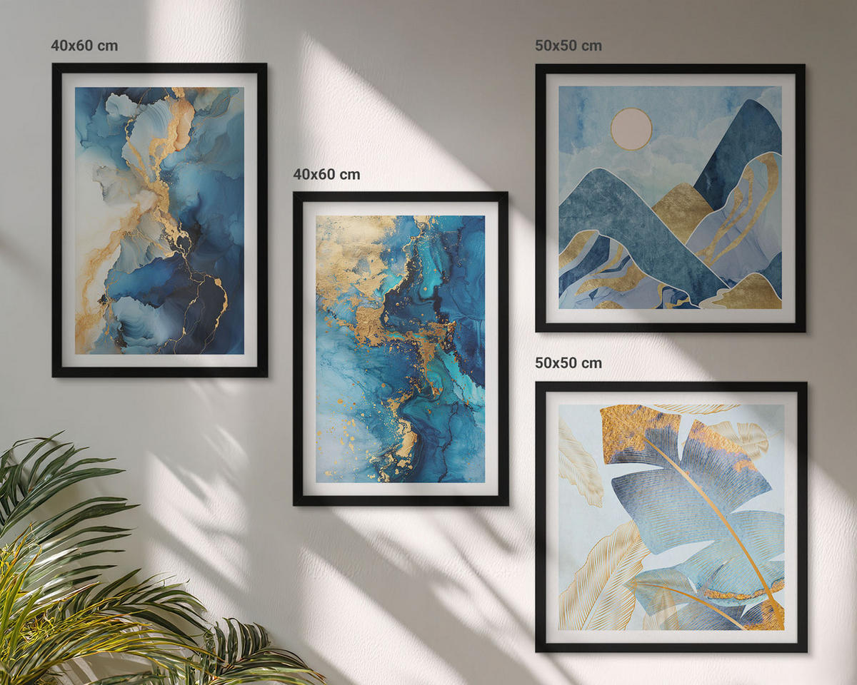 WANDBILDER 4er-Set - 50x50 cm & 40x60 cm Schwarzer Rahmen - Goldmuster in den blauen Bergen - Schwarz, Kunststoff (50/50cm) - ArtPrintCave