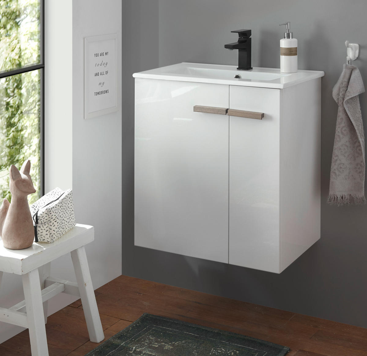 WASCHBECKENUNTERSCHRANK weiß Lack Hochglanz, Eiche, Waschtisch Set hängend 60 cm - Weiß Hochglanz/Eichefarben, Holzwerkstoff (60/70/40cm) - Furn.Design