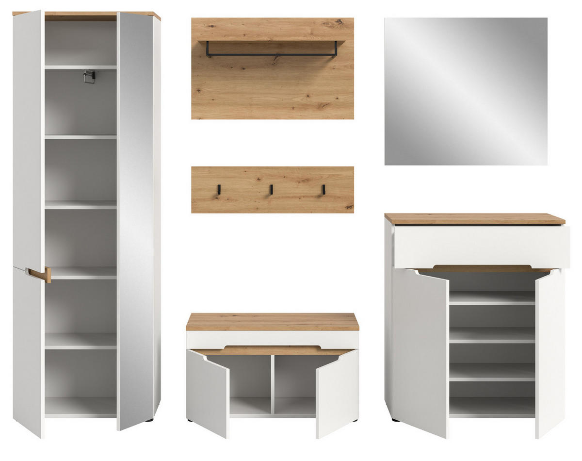 GARDEROBEN-SET weiß, Eiche Artisan 6-teilig, Komplett-Set mit Soft-Close - Weiß, Glas/Holzwerkstoff (255/190/37cm) - Inn.Furn