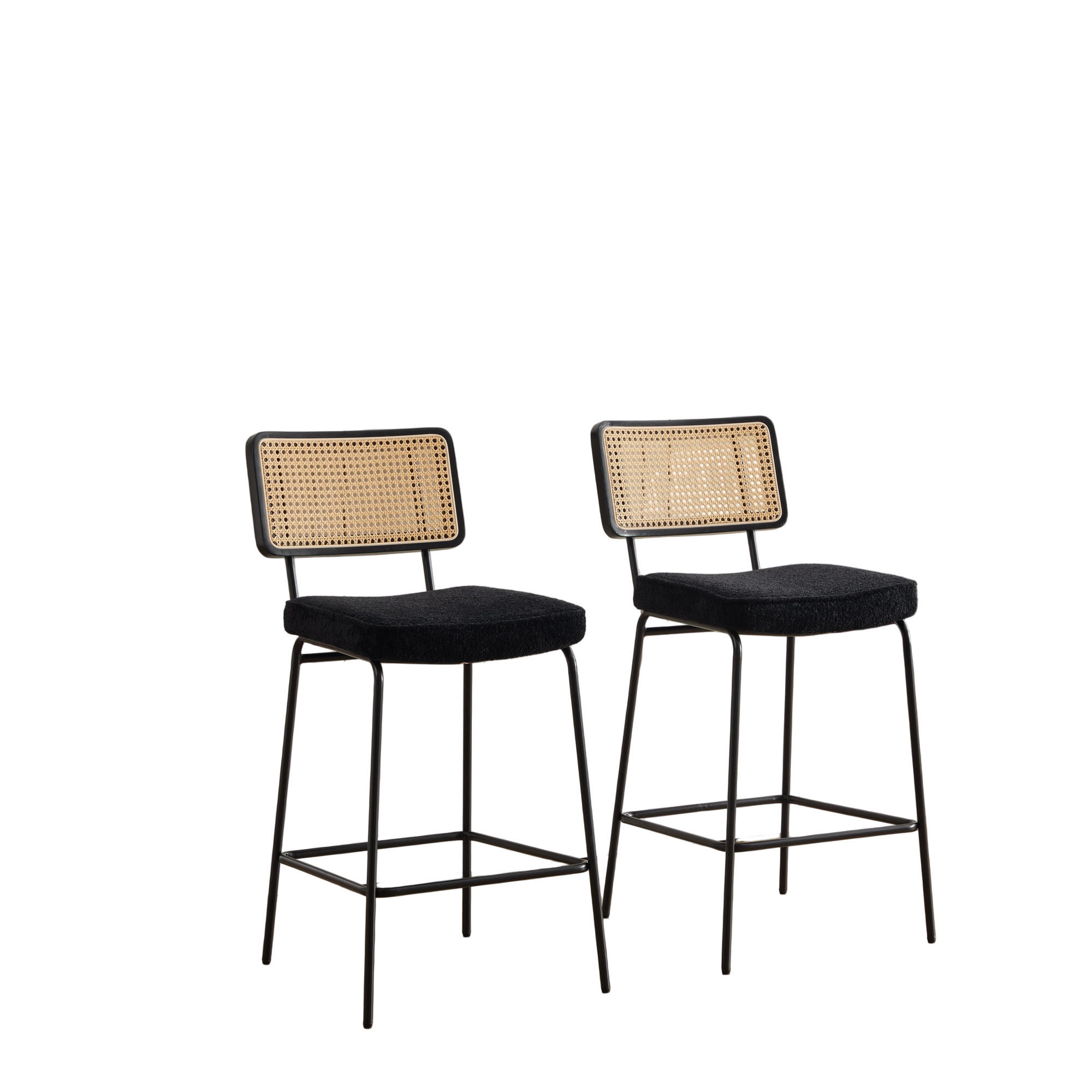 BARHOCKER DE-36881 2er-Set mit Chenille-Bezug und Rattan-Optik Schwarz - Schwarz, Metall (59.8/96.5/46.2cm) - ComfortXL