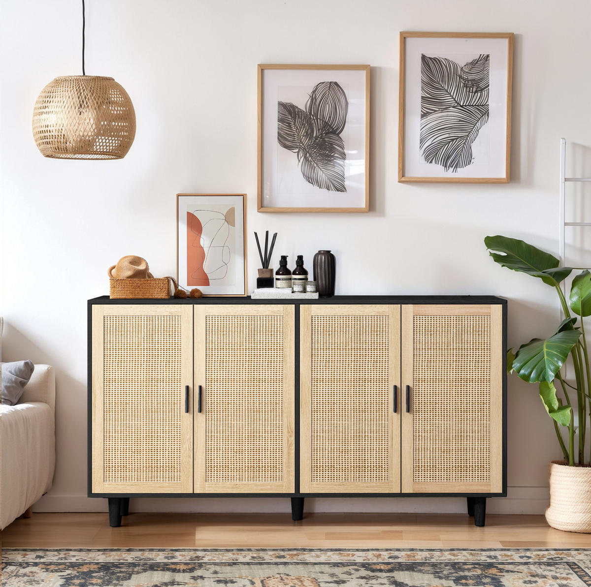 SIDEBOARD aus Spanplatte 158x40x88 cm Schwarz mit 4 Rattantüren und verstellbarem Einlegeboden - Schwarz, Holzwerkstoff (158/88/40cm) - IVMEU