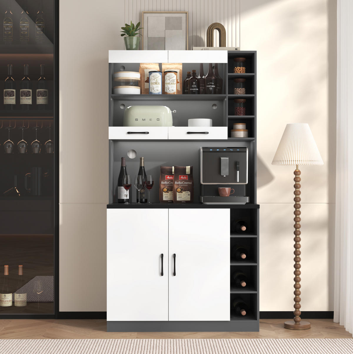 BUFFET Aufbewahrungsschrank 100x47x187cm Weiß mit Glas & LED Beleuchtung - Weiß, Holzwerkstoff (100/187/47cm) - Modfu