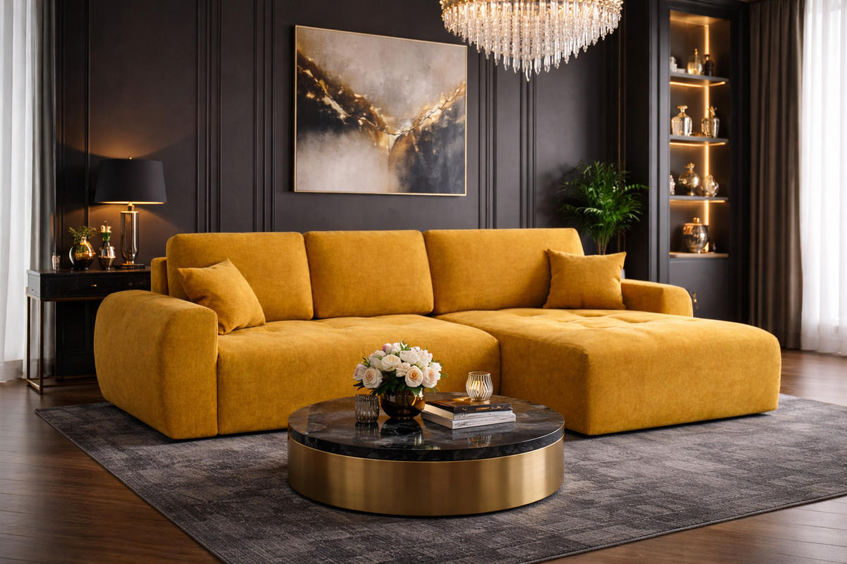 ECKSOFA Mit Schlaffunktion Und Bettkasten L-Form Ivo L, Veloursstoff Salvador, Gelb, Rechts - Gelb, Holz (250/142cm) - Kaiser Möbel