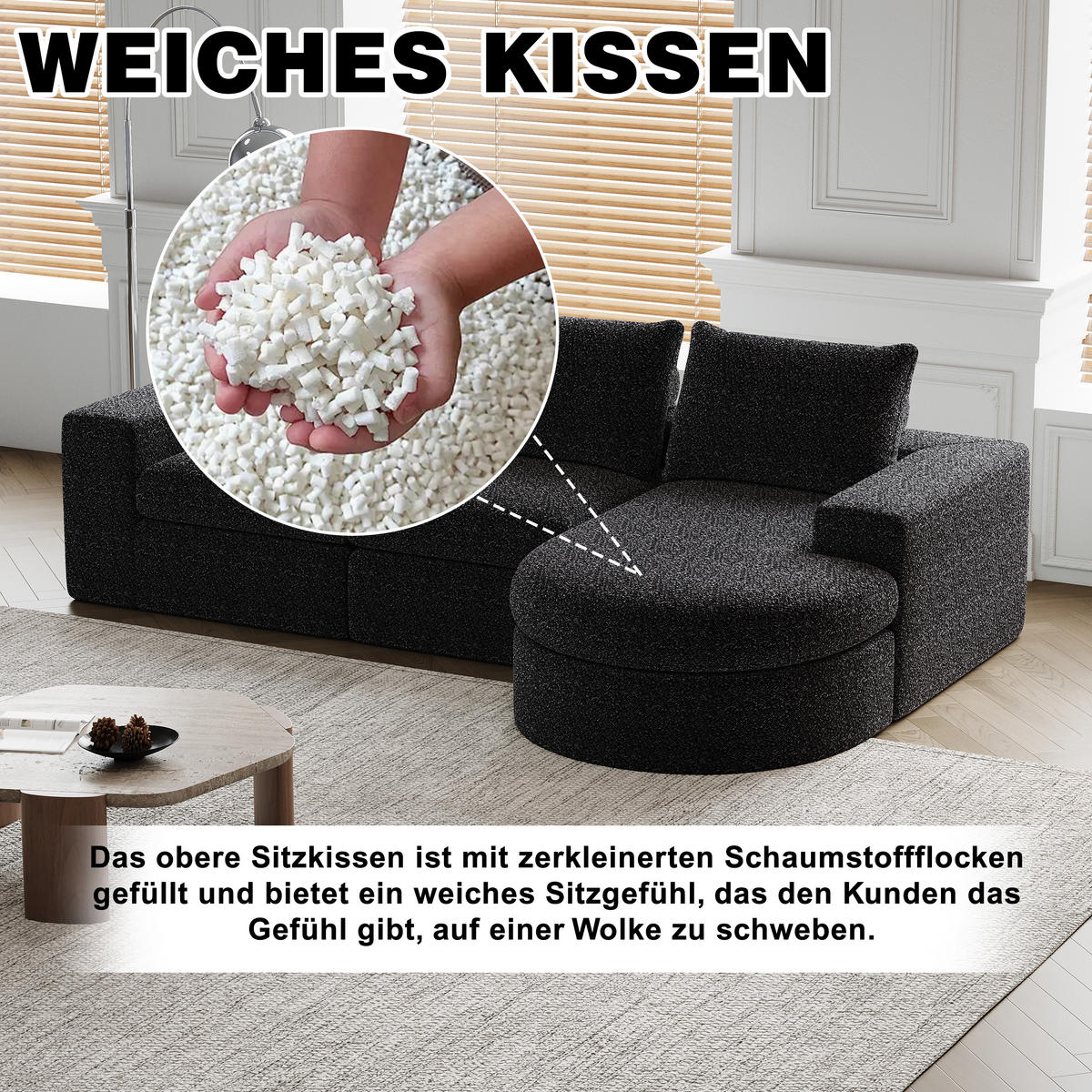 SCHLAFSOFA aus Chenille mit Liegestuhl, 2-teilig - Schwarz, Textil (322.5/81.2/217.7cm)