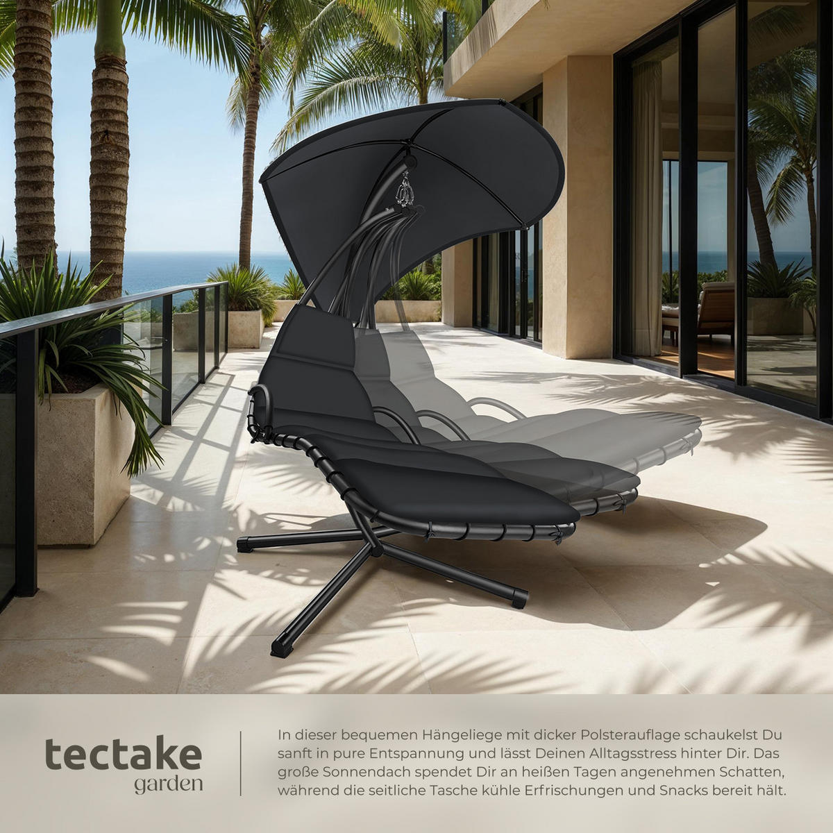 HÄNGELIEGE Elaria,195 x 132 x 197 cm, mit Seitentasche,schwarz - Schwarz, Textil (132/197/195cm) - tectake