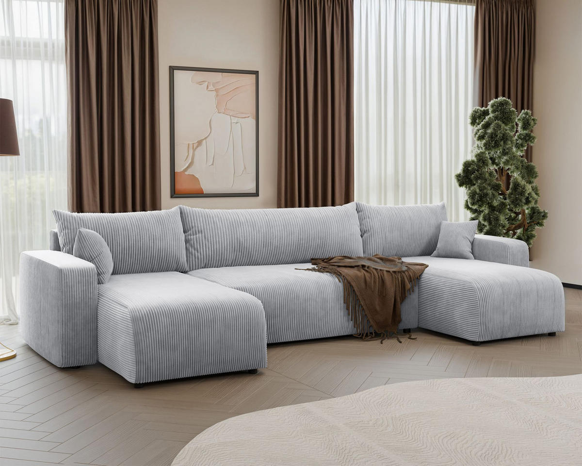 WOHNLANDSCHAFT Pianoni Hellgrau Cordbezug - Hellgrau/Schwarz, Kunststoff/Textil (312/83/140cm) - Selsey
