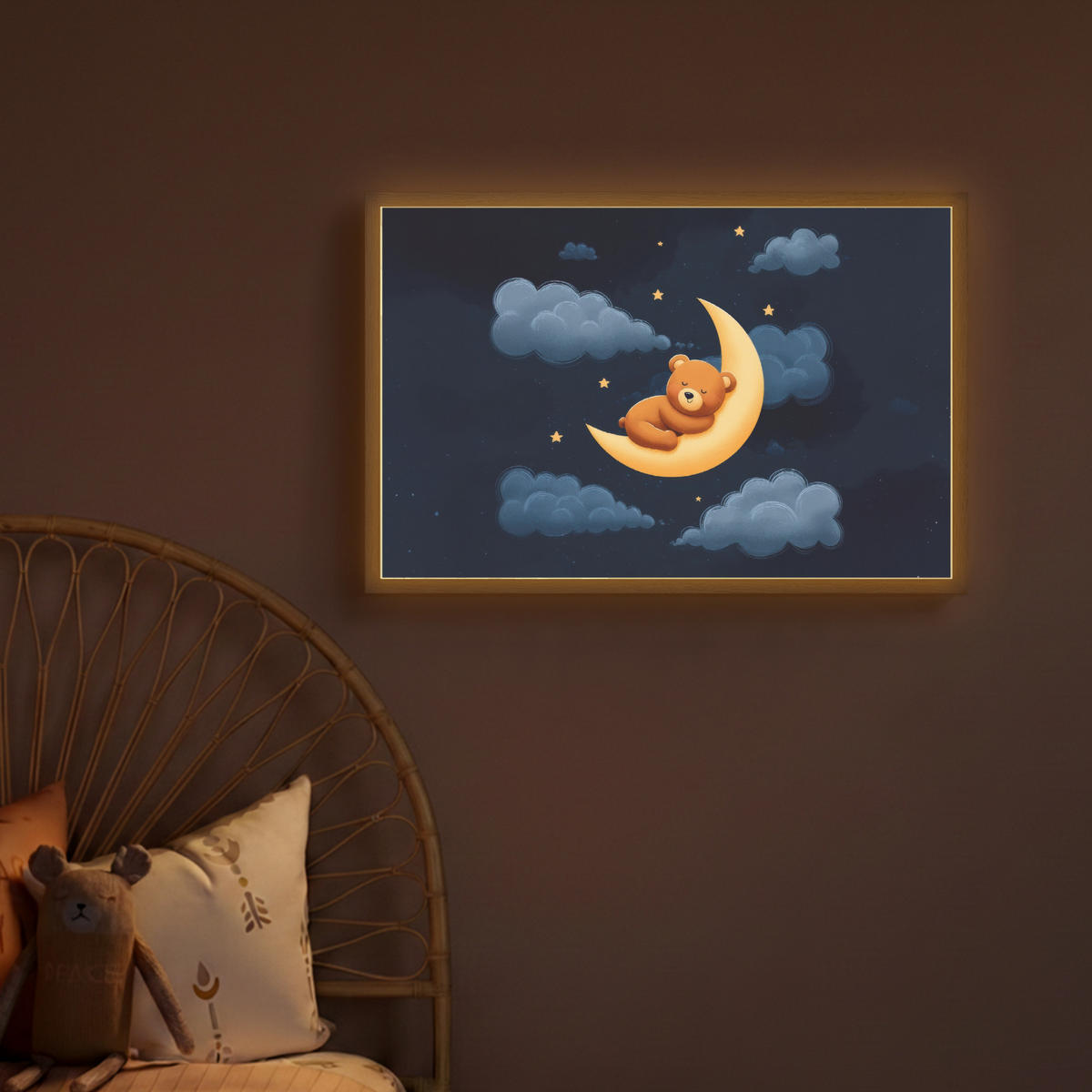 NACHTTISCHLAMPE MIT AKKU Teddybär - Mond - Wolken - Sterne 60x40 cm - Dunkelblau, Holzwerkstoff (8/60/40cm) - OnlyWow