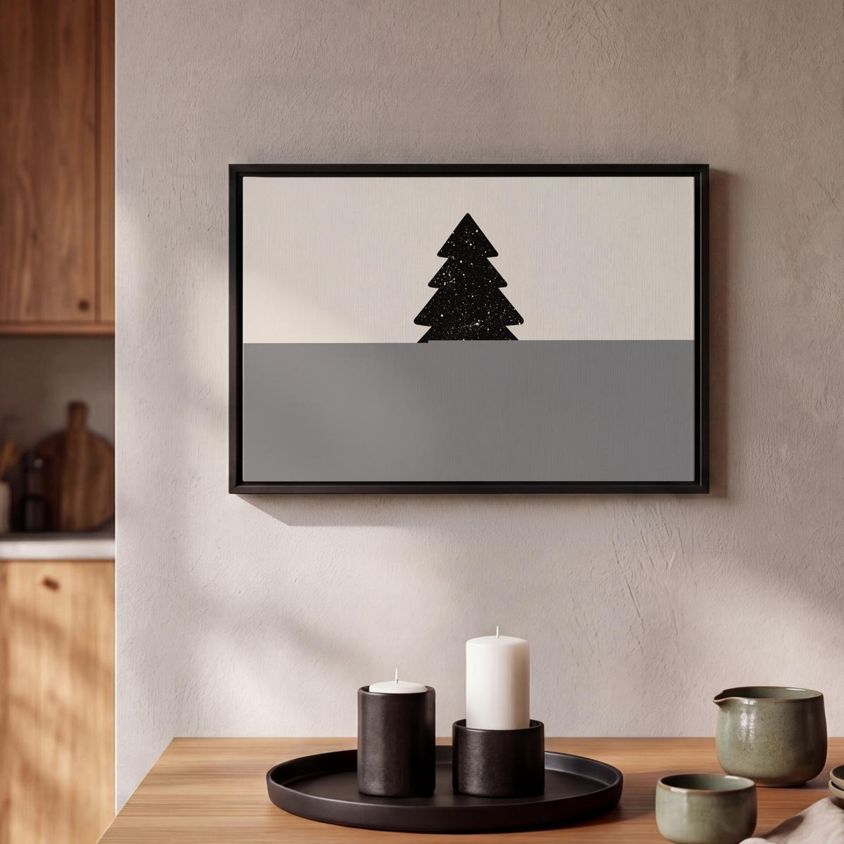LEINWAND Bilder mit Rahmen - Weihnachtsbaum - Schwarz - Urlaub - Beige - 30x20 - Schwarz, Textil (30/20cm) - MuchoWow
