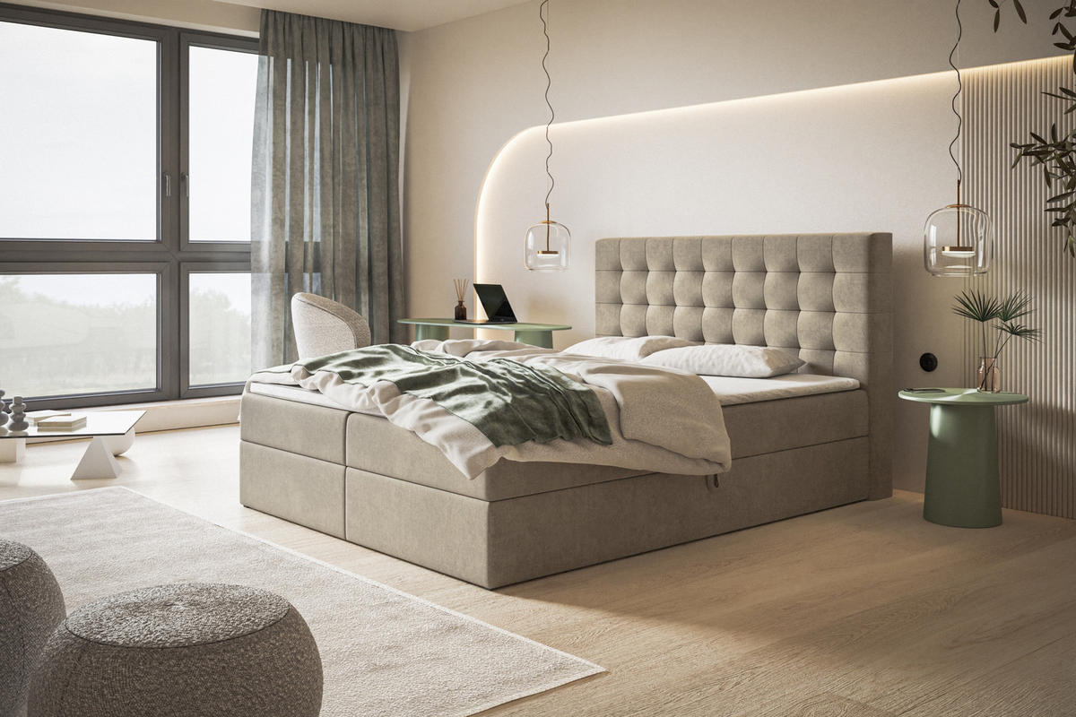BOXBETT RIO mit 2 Bettkästen, 120x200, Farbe: Sand, Velourstoff, Doppelbett mit Bonell-Matratze - Sahara, Holz/Kunststoff (120/200cm) - Alpi-Möbel
