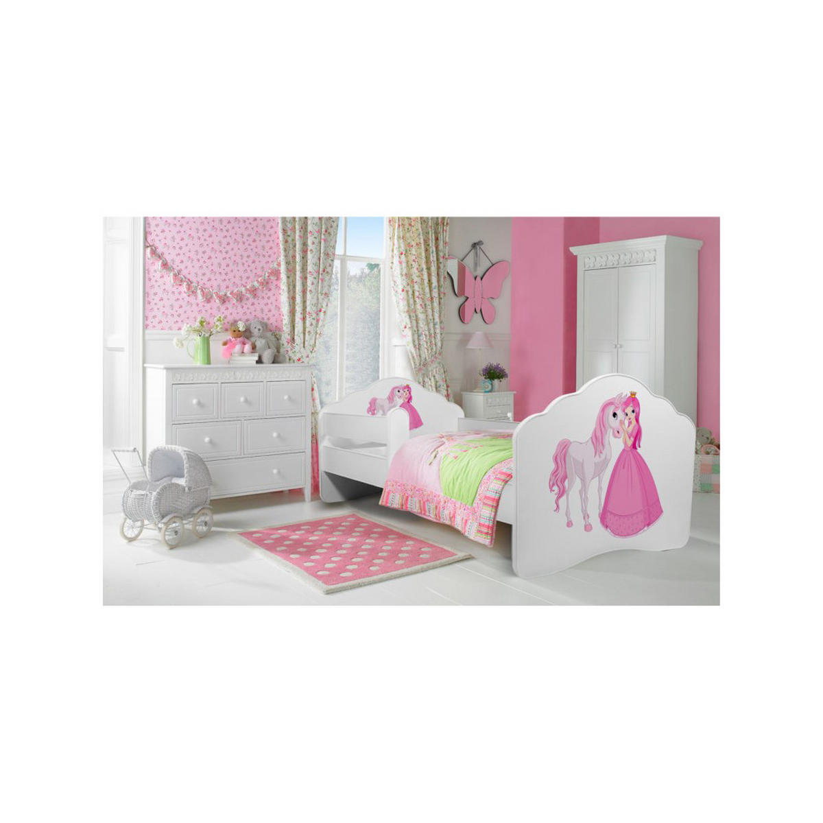 KINDERBETT Casimo weiß / Motiv Prinzessin mit Pferd 88 / 164 / 63cm - Pink/Weiß, Holz/Holzwerkstoff (80/160cm) - Feldmann-Wohnen