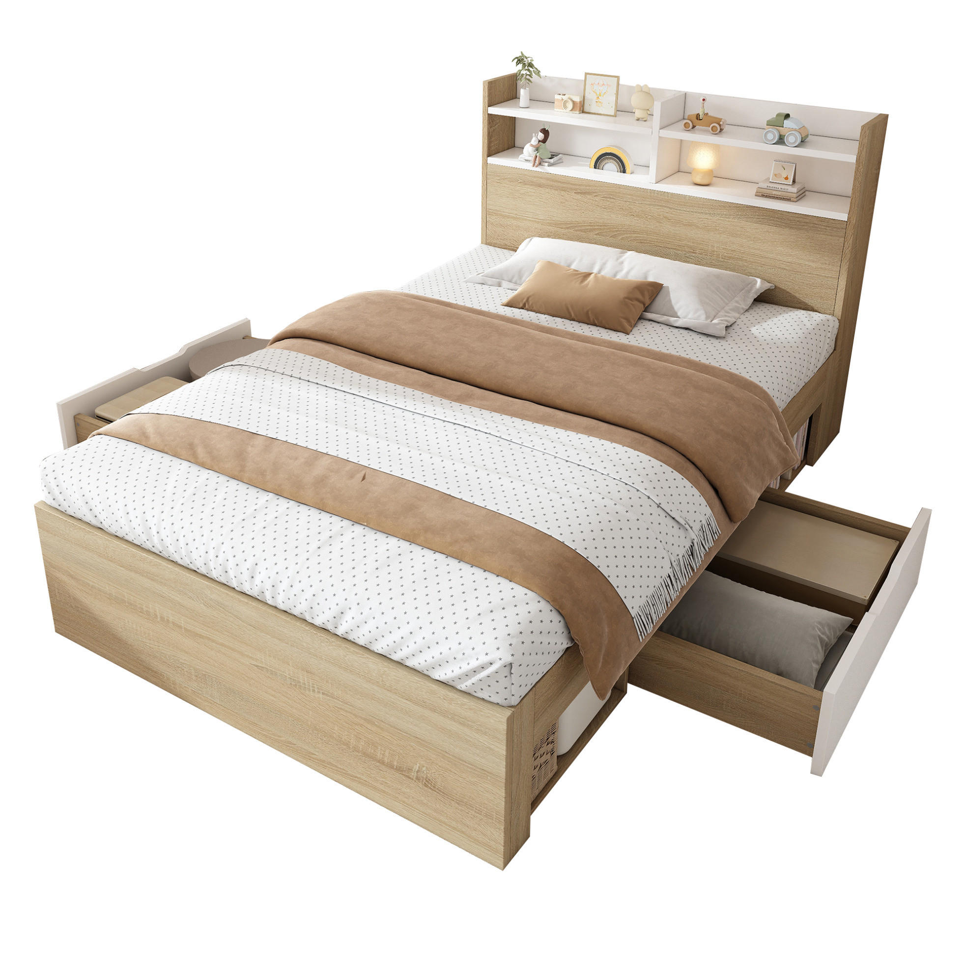 POSTEĽ 90/200 cm z drevotriesky a masívu biela/dub, s úložným priestorom a matracom - biela, kompozitné drevo (90/200cm) - BEAOK