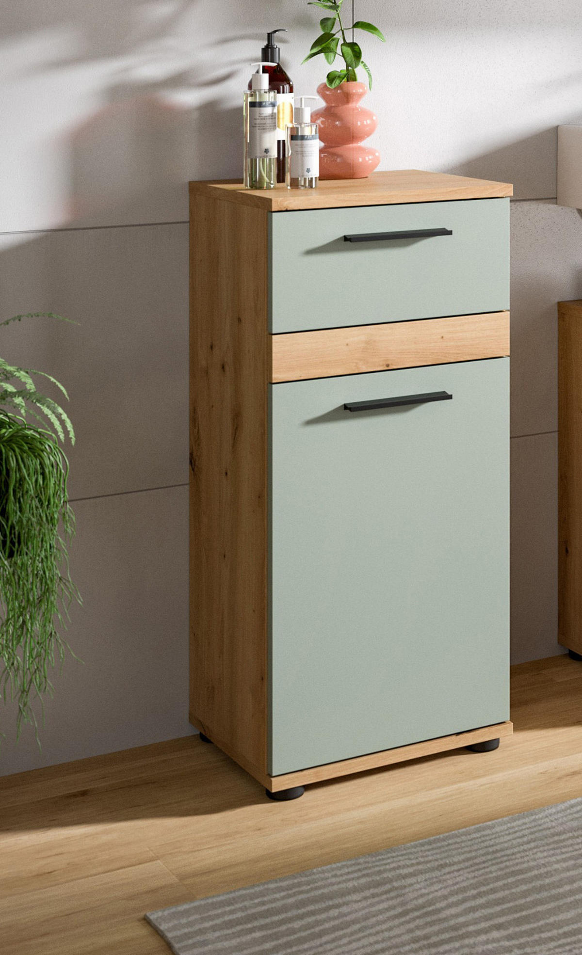 KOMMODE Salbei grün, Eiche Artisan 35 x 79 cm, Badschrank in modernem Design - Salbeigrün/Schwarz, Holzwerkstoff/Kunststoff (35/79/31cm) - Inn.Furn